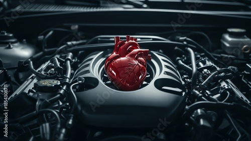Heart inside car engine representing power and life