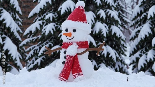 Snowman adorned with a red hat and scarf situated in a snowy forest. evergreen trees blanketed in snow form a picturesque winter backdrop, evoking holiday spirit and seasonal warmth.