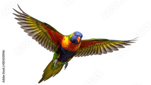 Colorful rainbow lorikeet parrot flying PNG isolated on transparent background, vibrant tropical bird with outstretched wings for design projects