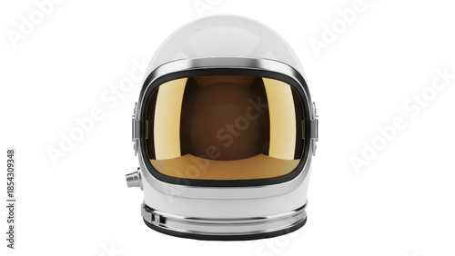 White astronaut helmet with golden visor isolated PNG, space exploration equipment for science fiction and futuristic themes