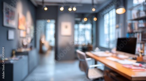 Beautiful inconspicuous office interior room. Blurry workspace with unfocused effect. 
