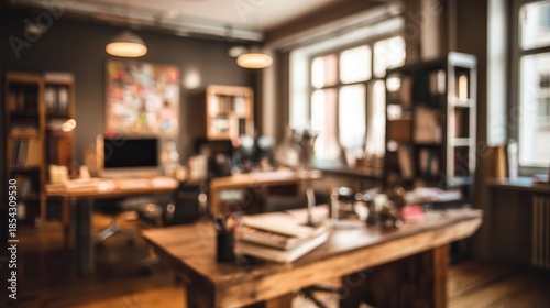 Beautiful inconspicuous office interior room. Blurry workspace with unfocused effect. 
