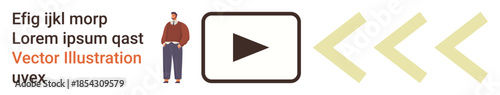 Media playback, video streaming, user interaction, motion design, digital navigation, progress. Person standing near a play button with double arrows indicating forward. Media playback and video
