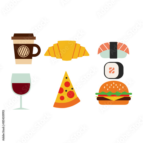 Diverse vector flat icons of popular food and beverage items like coffee, croissant, sushi, pizza, hamburger, and wine. A vibrant set for menus, apps, or design