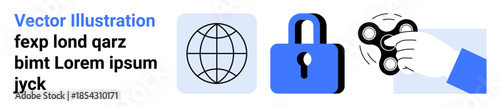 Digital security, global connectivity, stress relief, online protection, modern technology, data privacy. Globe worldwide communication, lock symbol for security hand spinner for relaxation. Digital