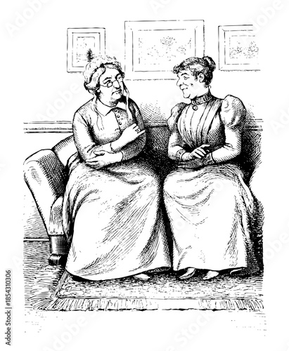 Two Ladies talking on a couch or gossiping