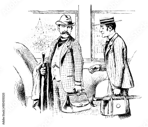 Two men on a train with bags and umbrellas