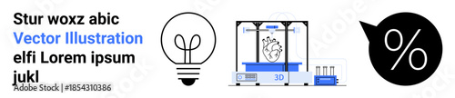 Innovation, technology, creativity, education, prototyping, business inspiration. A light bulb, 3D printer with a heart model and percentage symbol. Innovation and technology concept
