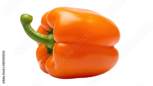Vibrant orange bell pepper isolated PNG, fresh vegetable with green stem on transparent background for healthy eating and cooking concepts