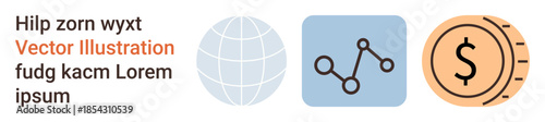 Data visualization, business strategy, finance analytics, global communication, market trends, investment growth. Icons include a globe, graph and coin. s global communication and finance analytics