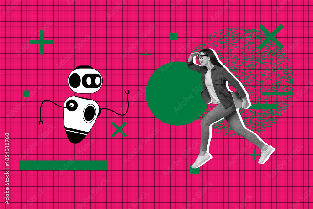 Naklejka premium Banner full 3d photo trend image collage of happy girl guy run robotic modern futuristic technology bot helper innovation prompt