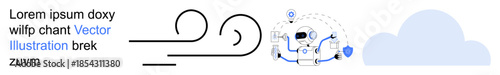 Artificial intelligence, automation, futuristic tech, cloud services, renewable energy, and weather concepts. Stylized robot with connected lines, wind and cloud icons. Artificial intelligence