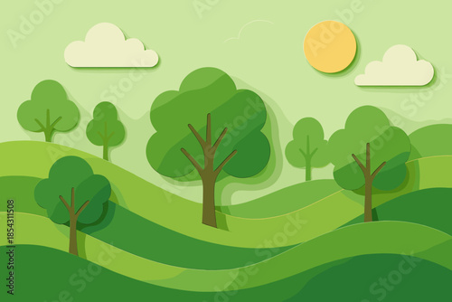 Green Landscape Art. Artistic paper-cut scene of a green landscape with rolling hills and trees, minimalist and cheerful design,