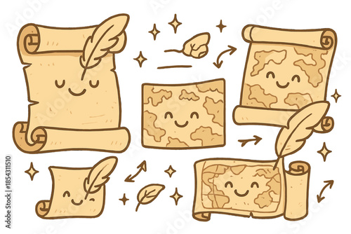 Cheerful Geographia Doodle. Cute doodle Ptolemy's Geographia with cheerful ancient scrolls, cartoon quills writing, smiling maps