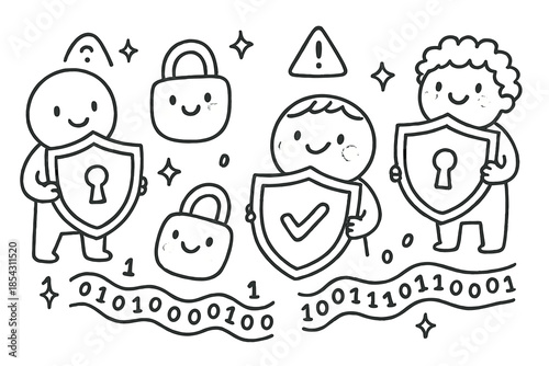 Playful Data Protection. Adorable doodle privacy concerns scene with happy characters holding shields, cartoon locks with faces,