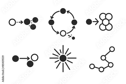 Star Fusion Icons. Line style icons of Fusion Processes in Stars: proton-proton chain, CNO cycle, helium fusion, hydrogen nuclei
