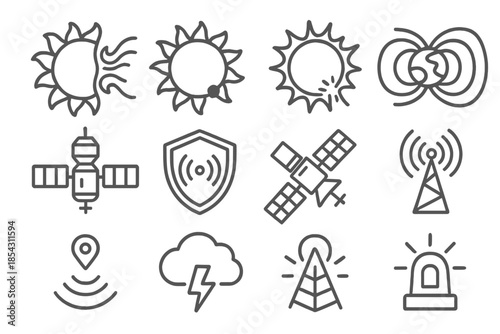 Solar Activity Icons. Line style icons of Solar Activity: Coronal Mass Ejection, Sunspot, Solar Flare, Auroral Glow; Magnetosphere