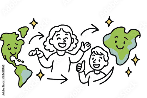 Playful Environmental Critique. Cheerful doodle environmental determinism critique with happy scholars, cartoon maps with faces,