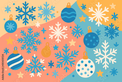 Festive Snowflake Celebration. Playful arrangement of blue and white snowflakes with festive ornaments placed on a vector