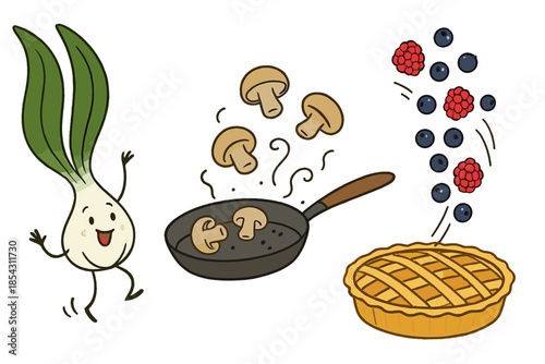 Magical Culinary Dance. Recipe page brought to life with dancing wild garlic, mushrooms sautéing, and berries sprinkling into a