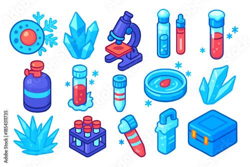 Cryobiology Icons Set. Isometric vector illustration set Cryobiology: cellular freeze icon, icy crystal cluster, research
