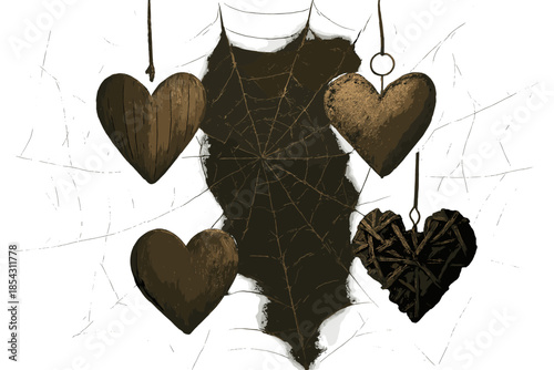 Heart in Cobweb. Rustic heart-shaped decorations vector illustration entangled in a cobweb illuminated by soft light, nostalgic