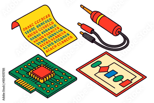 Vintage Debugging Tools. Isometric vector illustration set Vintage Debugging Tools: Hex dump printout, logic probe, instruction