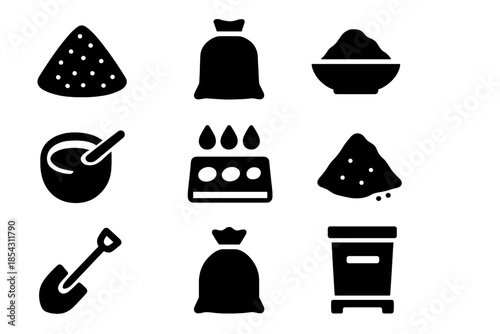 Raw Material Icons. Solid style icons of raw materials: silica sand, soda ash bag, limestone rock, batch mixture, melting pot,