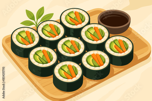 Vibrant Vegetable Sushi. Delicious tray of freshly prepared vegetable sushi rolls, vibrant colors, soft natural lighting,