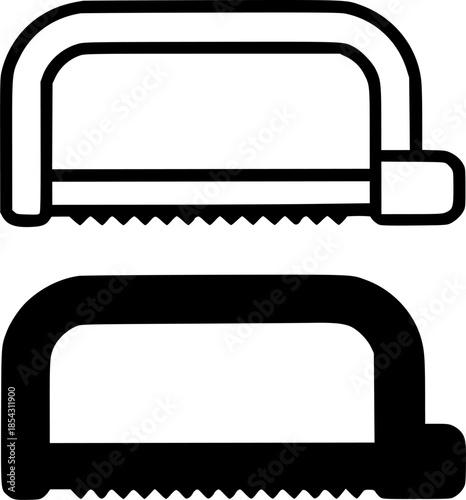 Carpentry tool icon, hacksaw illustration, black and white, outline and silhouette versions