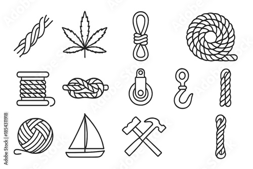 Line Style Nautical Icons. Line style icons of Fiber Twisting: Twisting Fibers, Hemp, Sailor's Craft, Coil; Rope Spool, Knot,