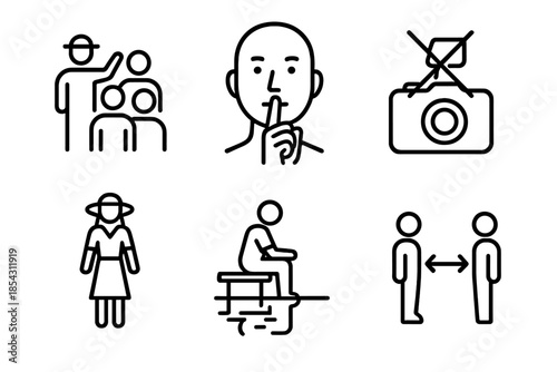 Responsible Travel Icons. Line style icons of Responsible Travel Behavior: guided group symbol, silence gesture icon, no flash