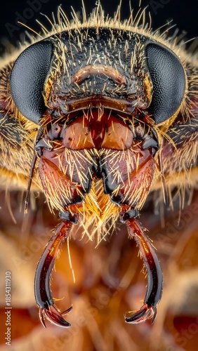 Wallpaper Mural Extreme macro close-up of an insect's head, showcasing its compound eyes, intricate mouthparts, and hairy exoskeleton in sharp detail. Torontodigital.ca