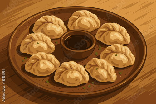 Dumplings on Rustic Plate. Freshly made vector illustration dumplings served on a rustic plate with dipping sauce, warm natural