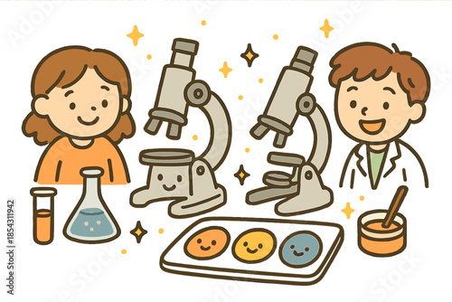 Doodle Art Workshop. Adorable doodle pigment analysis workshop with smiling students, cartoon microscopes observing cheerful paint