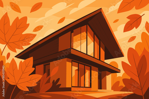 Modern Autumn Home. Dynamic shot of a sleek modern house with a slanted roof surrounded by autumn vector illustration leaves, warm