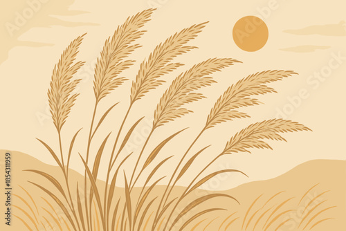 Rustic Pampas Grass. Rustic pampas grass vector illustration gently swaying in the breeze under soft golden sunlight, earthy and