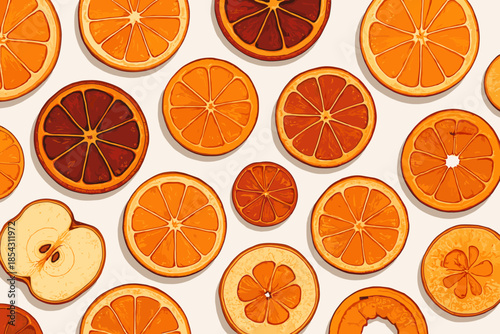 Vibrant Dried Fruits. Flat lay of dried fruit slices scattered on a clean white surface, vibrant orange and red tones, vector