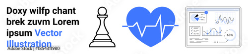 Business strategies, healthcare insights, decision-making, performance analytics, market research, strategic planning. Chess pawn, heart with ECG line analytics graphs. Strategy and healthcare