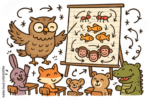 Animal Classroom Whimsy. Whimsical doodle animal decision-making classroom with happy students, cartoon diagrams of ants, fish,