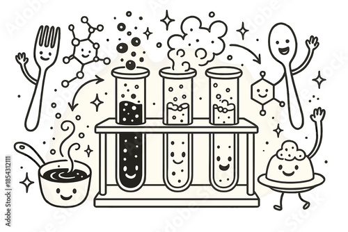 Whimsical Lab Doodles. Whimsical doodle molecular gastronomy lab with happy test tubes, smiling chemical structures of proteins