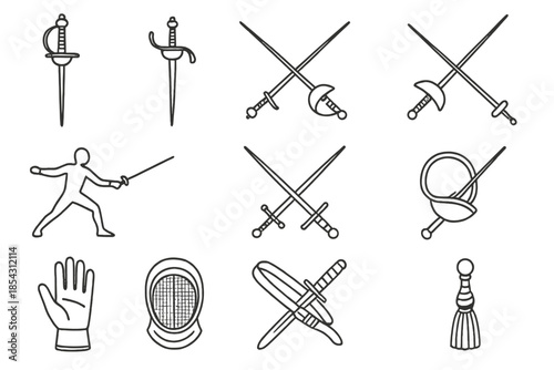 Fencing Icons Collection. Line style icons of sword and dagger: rapier, main gauche, duel, parry; fencing stance, crossed blades,