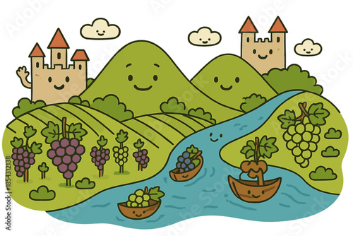 Whimsical Wine Land. Wine region map brought to life with rolling hills smiling, castles waving, and rivers carrying grape boats