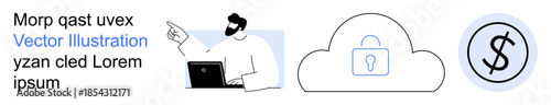 Data security, cloud computing, financial management, online safety, digital transactions, business support. Professional pointing at a laptop, cloud with a lock dollar icon. Data security and cloud