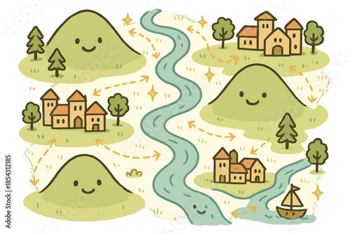 Cartoon History Landscape. Cute doodle landscape shaping history scene with smiling hills, cartoon rivers guiding trade routes,