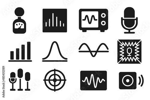 Sound Measurement Icons. Solid style icons of sound measurement: decibel meter, frequency analyzer, oscillograph, condenser mic,