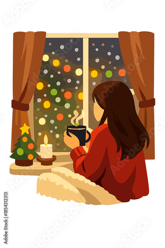 A lone woman clutches a steaming cup of coffee by the window, gazing at Christmas lights outside, surrounded by a snug winter interior that exudes a solitary holiday vibe and a comforting warmth
