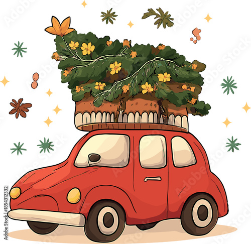 A cheerful illustration of a tiny red car topped with a Christmas tree, ideal for a holiday card, evoking a vintage vibe against a white backdrop