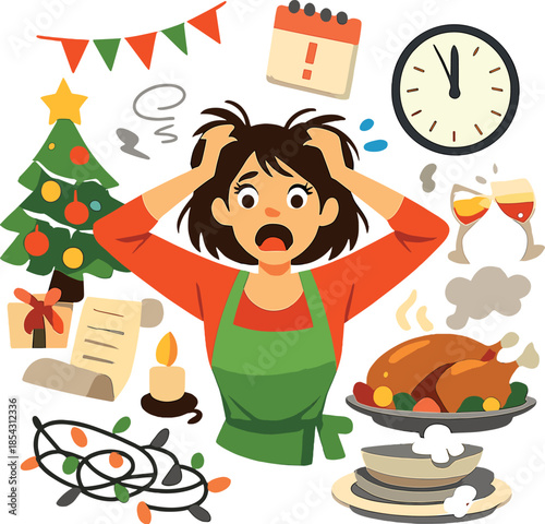 An exasperated mother feels stressed during the Christmas holidays, overwhelmed by the pressure of organizing the Xmas party