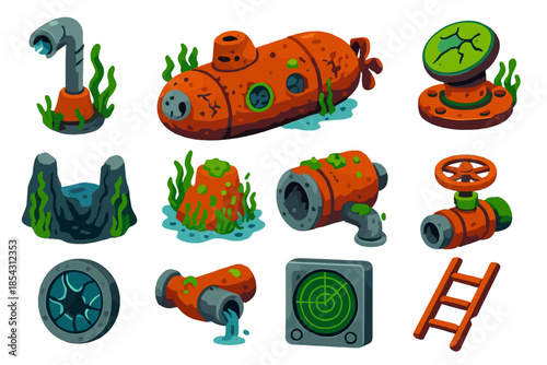 Abandoned Submarine Icons. Isometric vector illustration set Abandoned Submarine: collapsed periscope, deteriorated hull, cracked